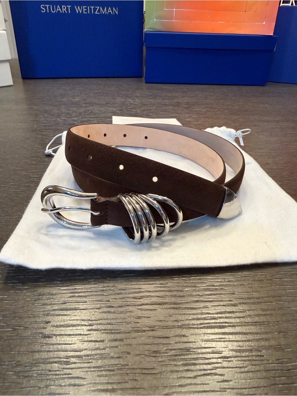 Stuart Weitzman Brown Suede Belt with Polished Silver Buckle